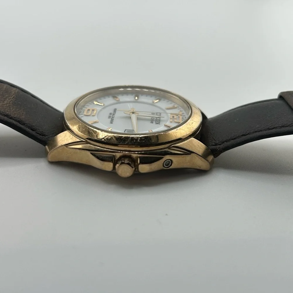 Citizen Eco-Drive Gold and Brown leather white dial Watch #593